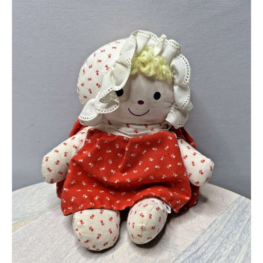Vtg Bantam Red Plush Doll Baby Rattle White Lace Bonnet Soft Toy 7”